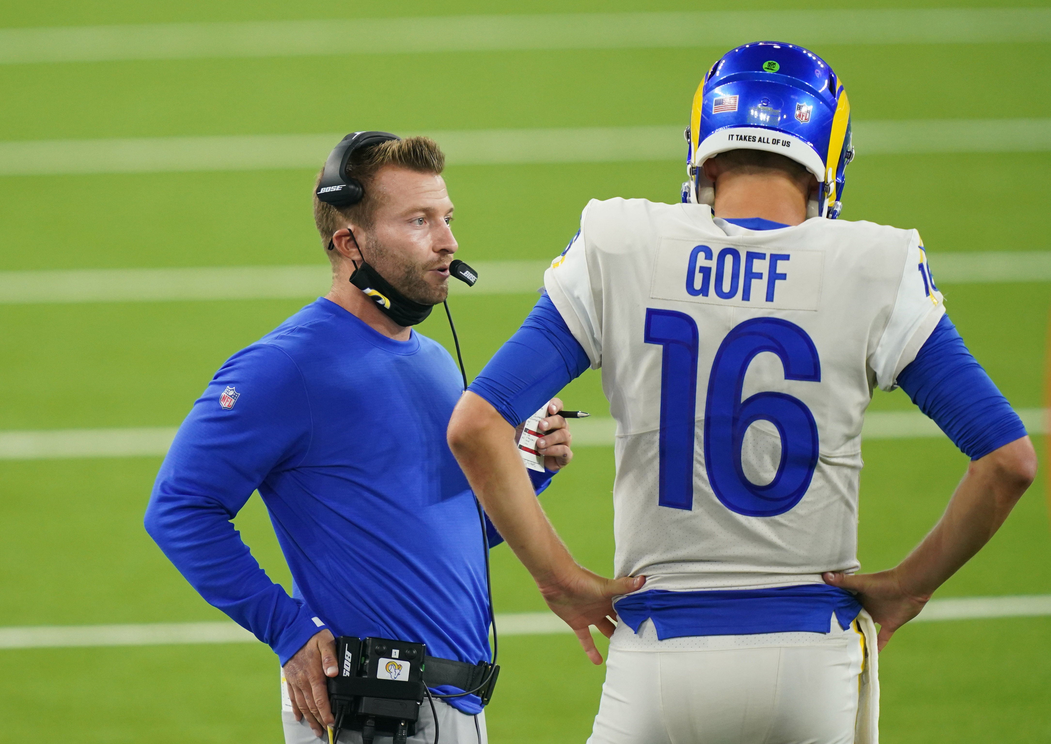 LA Rams coach Sean McVay (L) with Jared Goff (R) - Source: Imagn